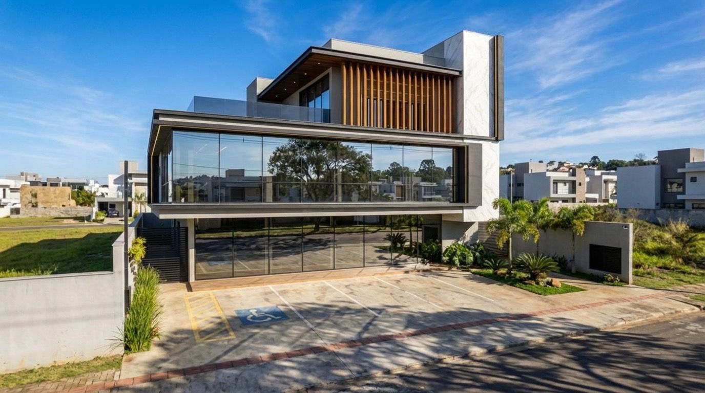 Fachada moderna de prédio com vidro, madeira e estacionamento