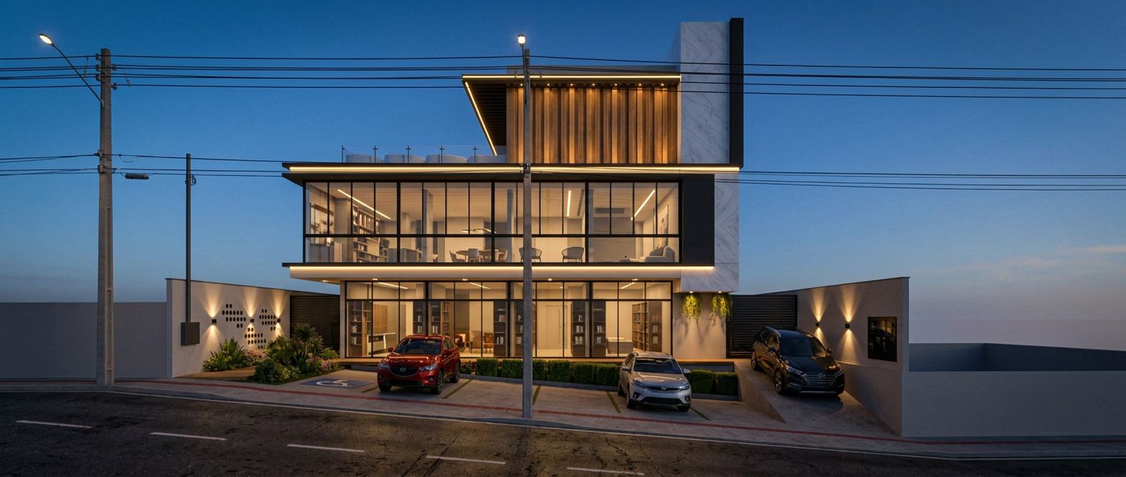 Fachada contemporânea iluminada à noite com vidro e madeira