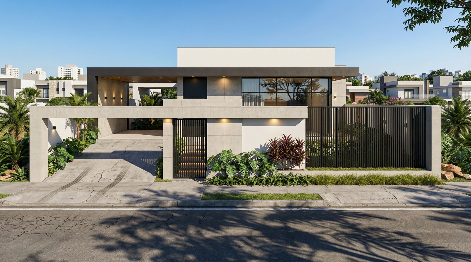 Casa moderna com jardim, portão preto e fachada em concreto claro