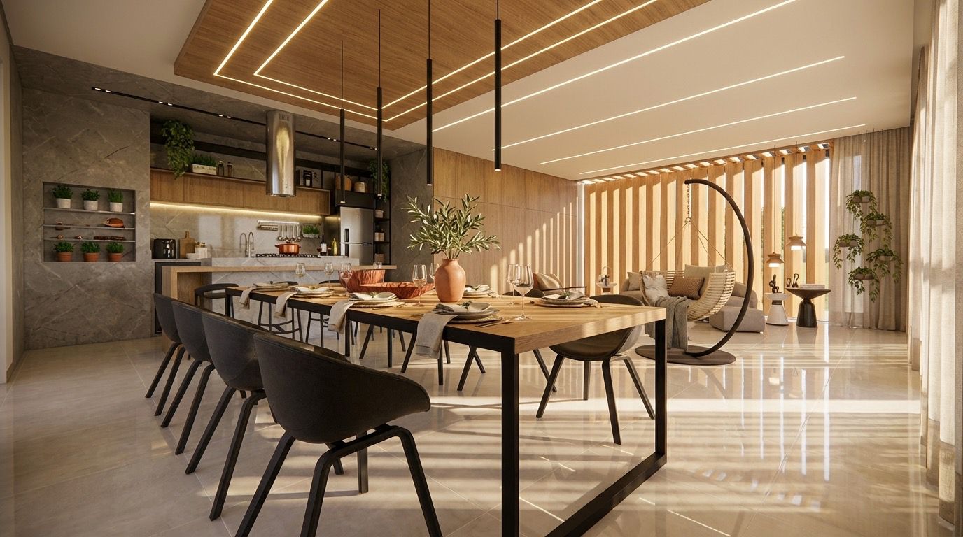 Ambiente gourmet de alto padrão com acabamento em madeira, iluminação linear e piso polido
