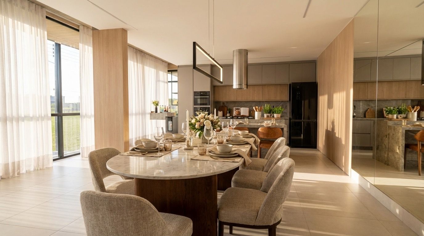 Sala de jantar integrada à cozinha com mesa posta e acabamento claro