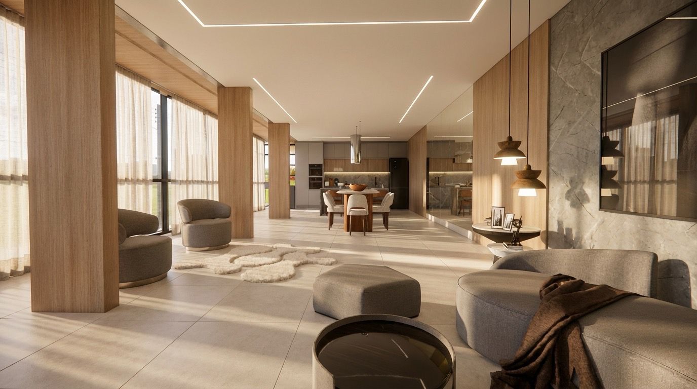 Sala ampla de alto padrão com madeira, pedra, cortinas e iluminação linear